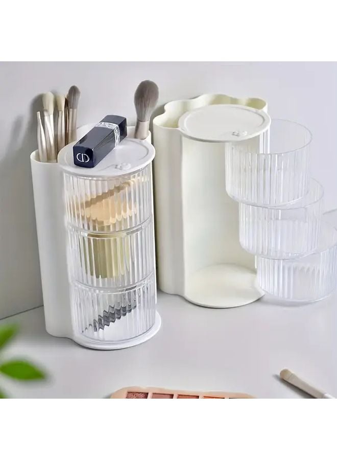 Beige Yellow 2 Tier Rotating Makeup Jewelry Organizer Desktop Storage For Cosmetics Brushes Stationery - Image 2
